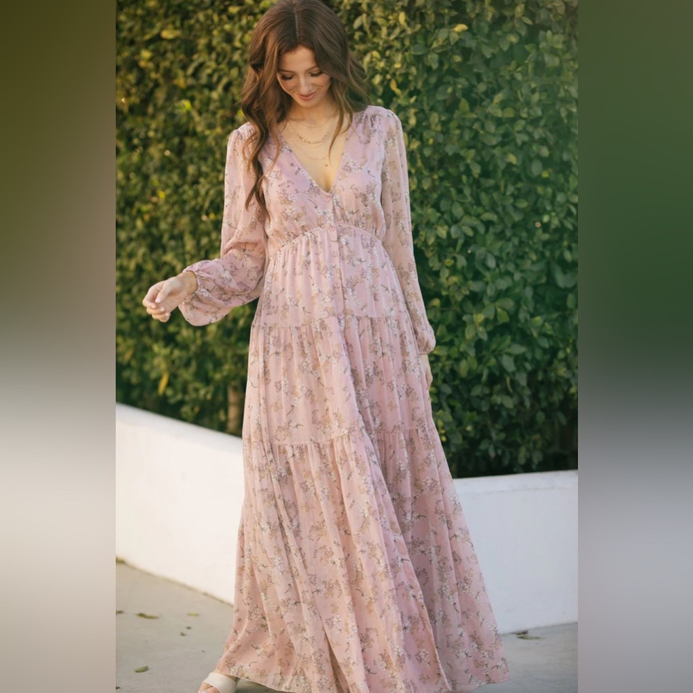 NWOT Morning Lavender Helena Long Sleeve Mauve Floral Maxi Dress, Size Small
